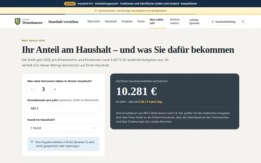 Vorschau: Was zahle ich? (Beispielansicht von Haushalt Pro, Alpha)