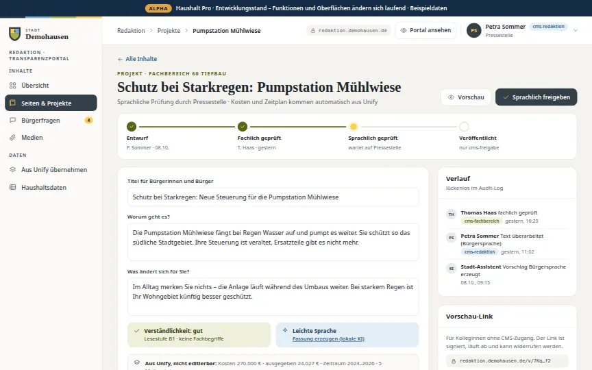 Vorschau: CMS · Editor mit Freigabe (Beispielansicht von Haushalt Pro, Alpha)