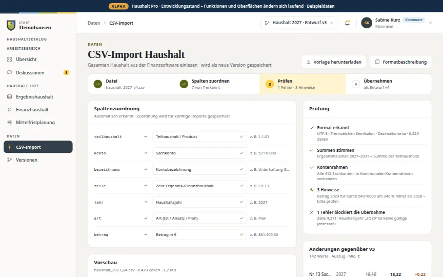 Vorschau: CSV-Import (Beispielansicht von Haushalt Pro, Alpha)